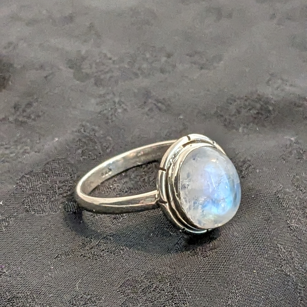 Reserved Solid Sterling Silver Natural Rainbow Moonstone Ring Size 8.5 - Picture 5 of 8
